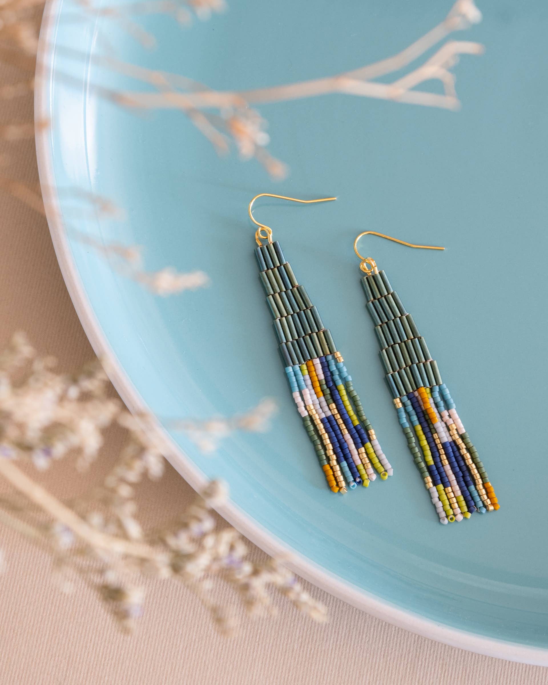 Beaded Handwoven Emerald Abstract Fringe Earrings