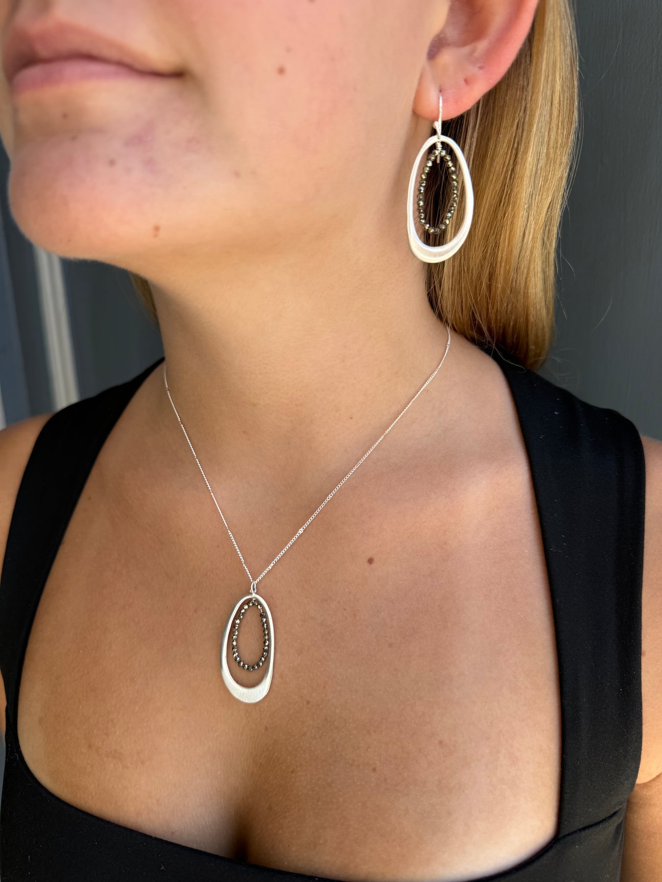 Oval with Pyrite Beads Earrings