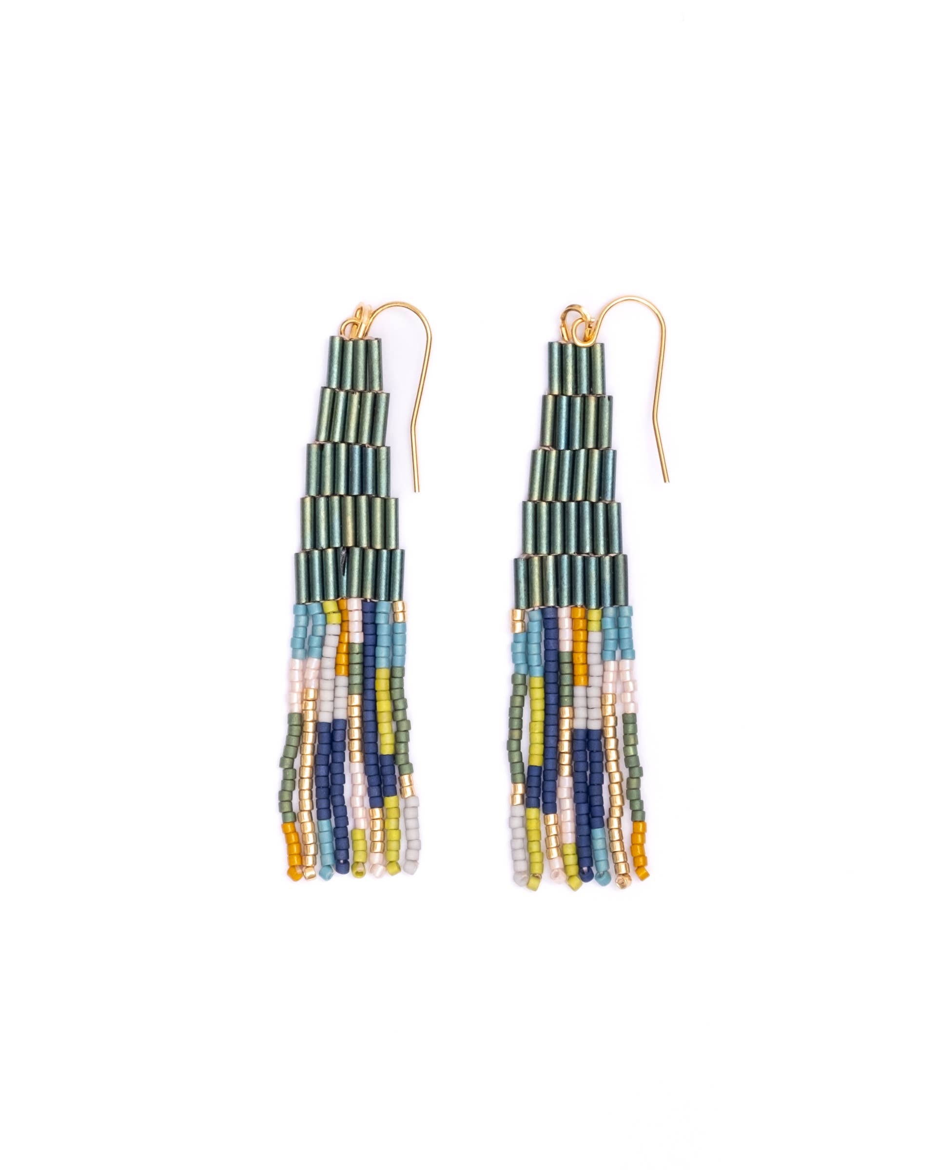 Beaded Handwoven Emerald Abstract Fringe Earrings