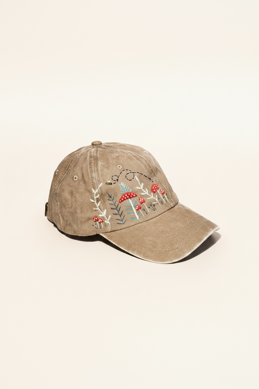 Mushroom Forest & Bee Embroidered Baseball Cap