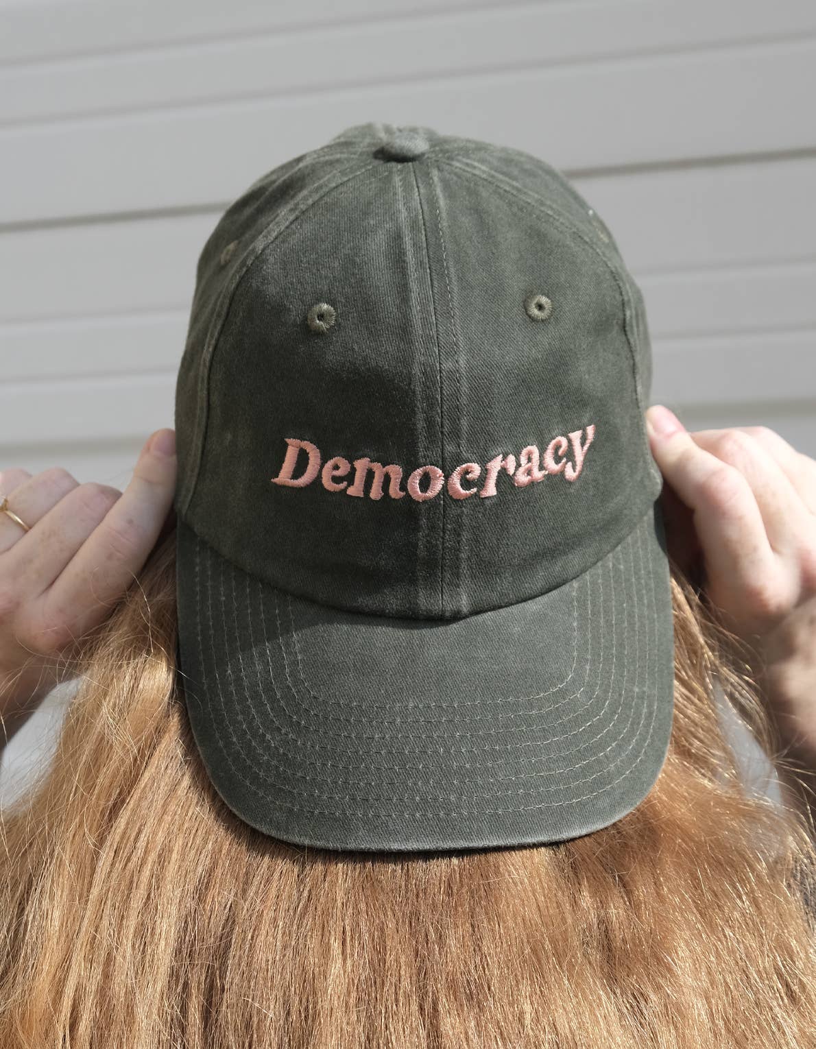 Embroidered Hat | Democracy, Washed Green Color