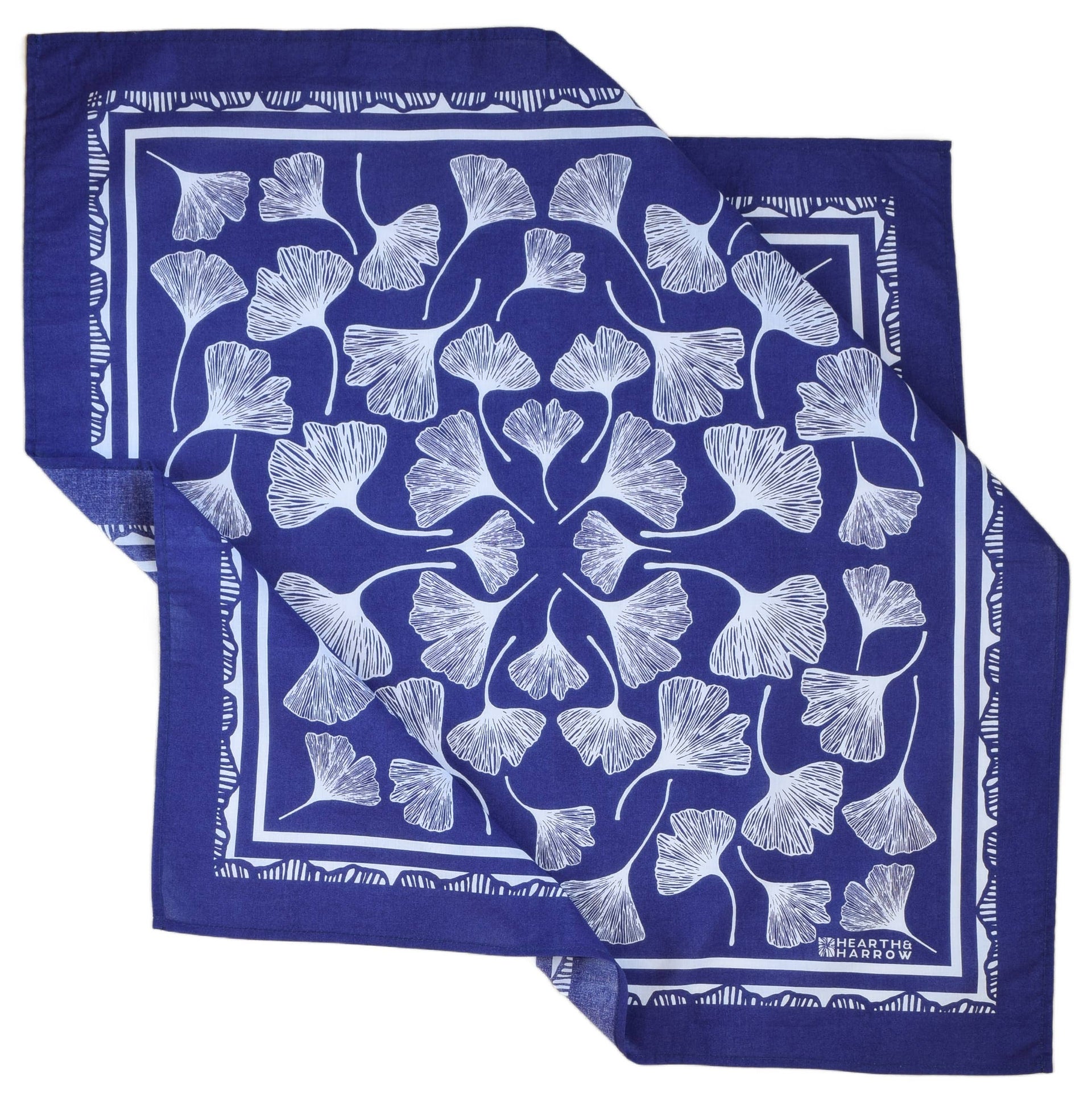Ginkgo Leaf Bandana - 100% Cotton - Hand Printed - RoyalBlue