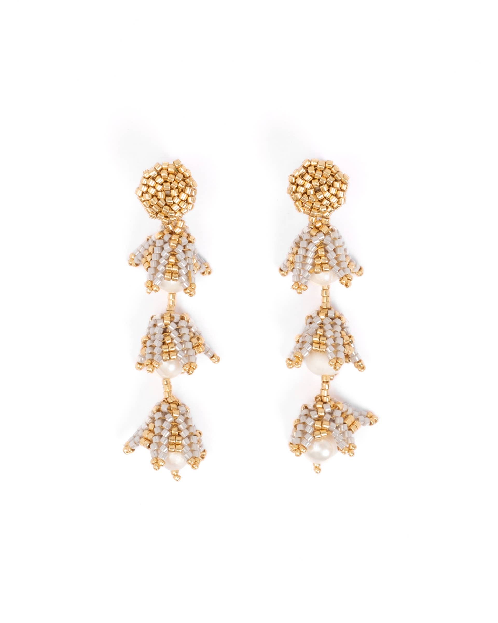 Beaded Handwoven Bell Drop and Pearl Earrings (Silver)