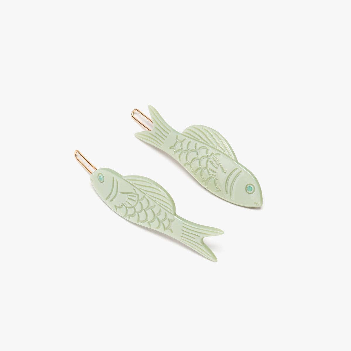 Jade Fish Barrette Set - Green Acetate Engraved Hair Clips