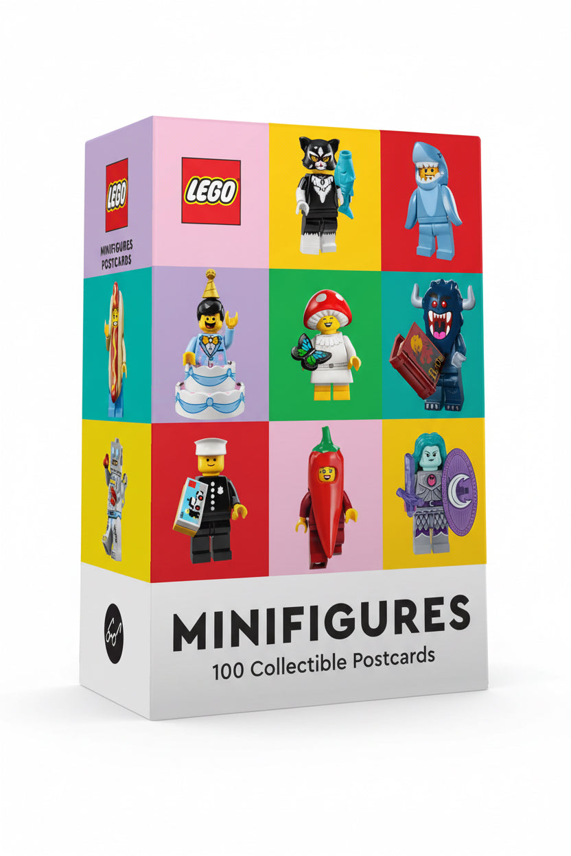 Box of LEGO Minifigures collectible postcards with various character illustrations on a colorful grid.