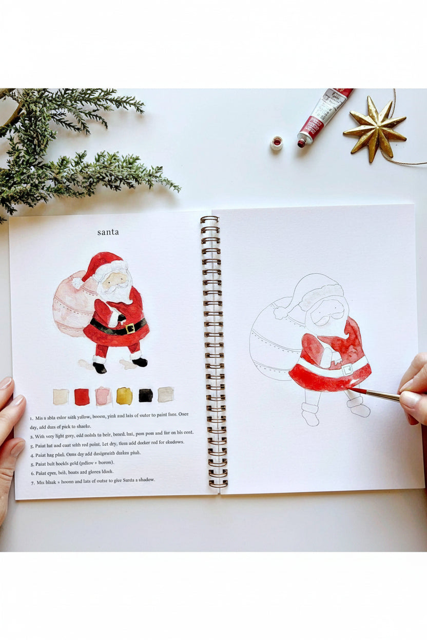 A sample page from the Christmas Watercolor Workbook, featuring a charming Santa with his toy sack and simple painting instructions.