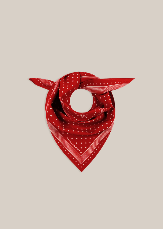 Allegra N'843 Moismont Scarf in Theater tied as a neckerchief.