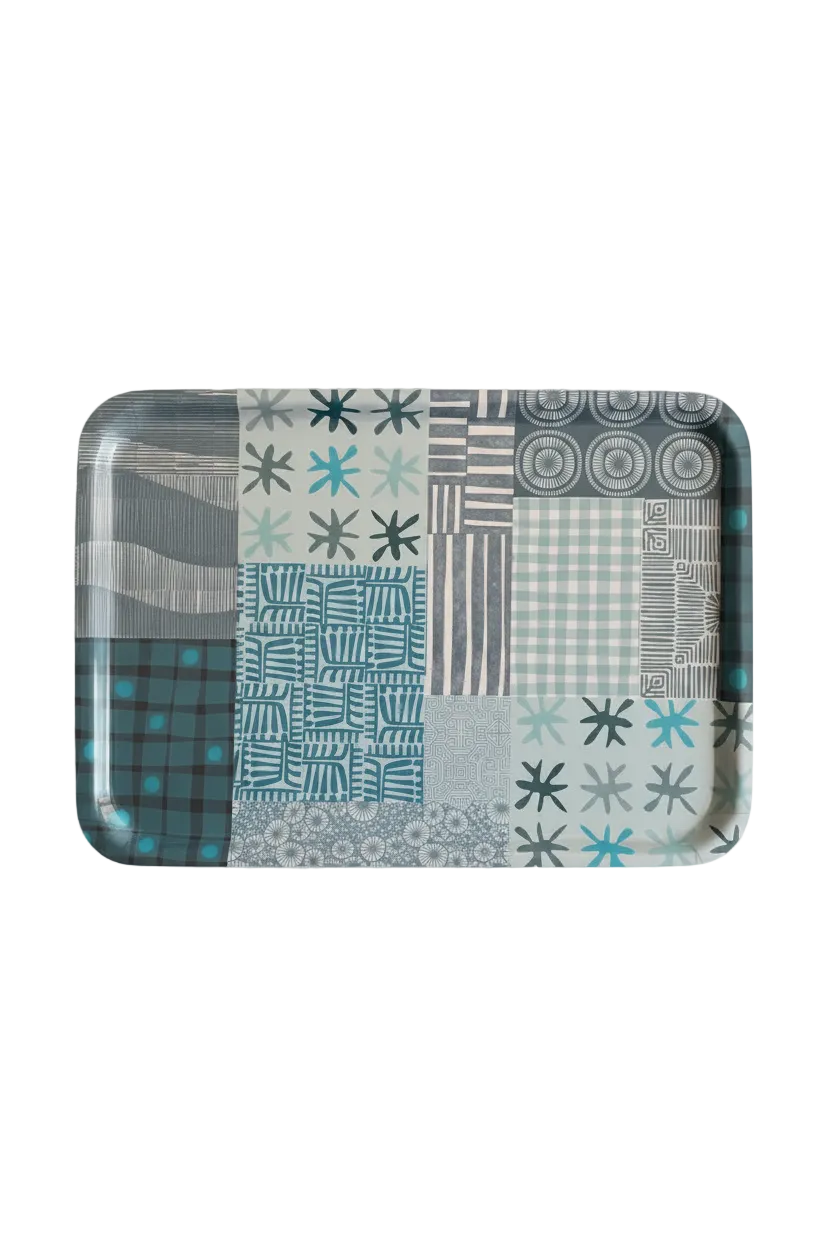 "Blue Patchwork" serving tray on white background.