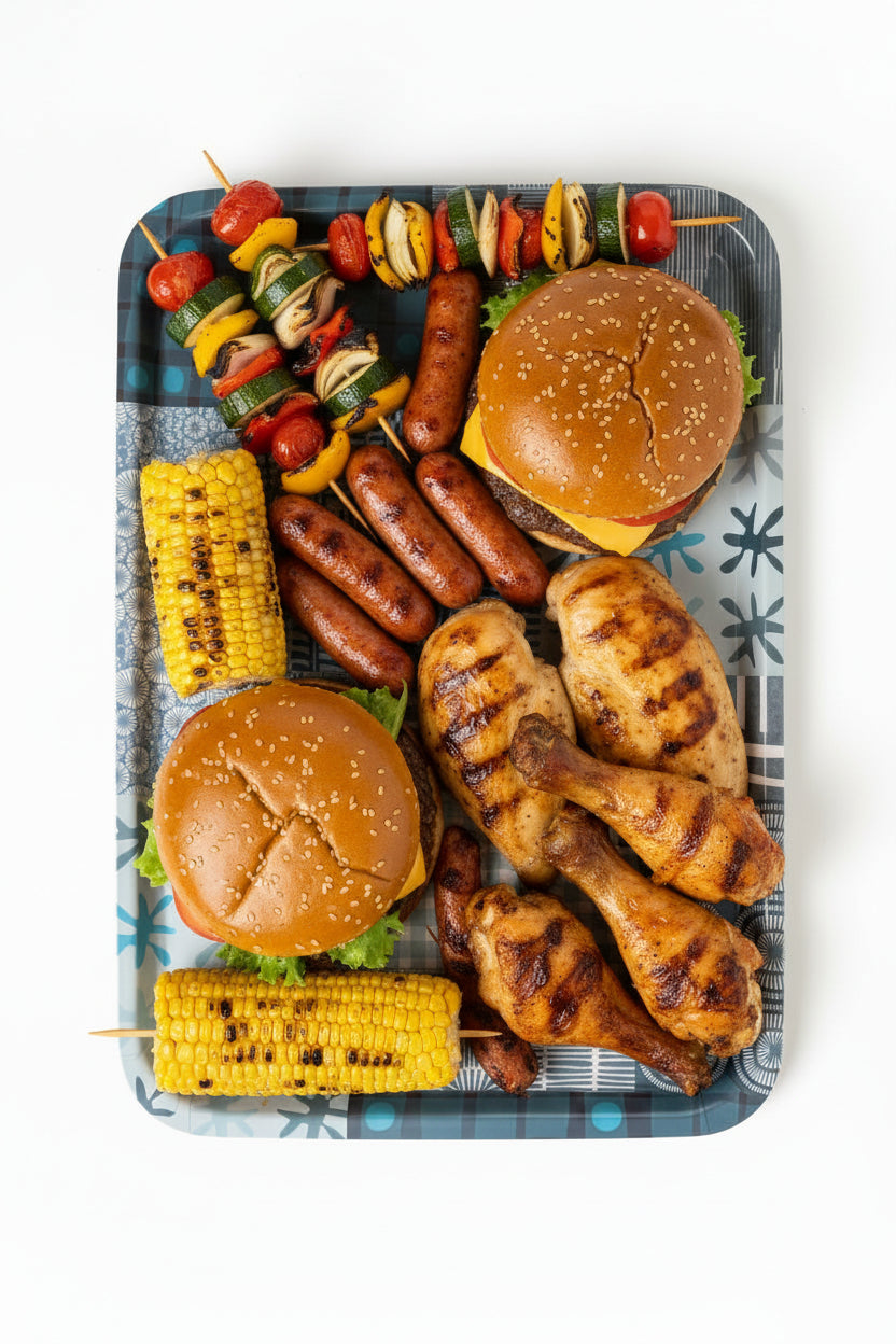 "Blue Patchwork" serving tray with burgers, sausages, grilled chicken and corn on the cob.
