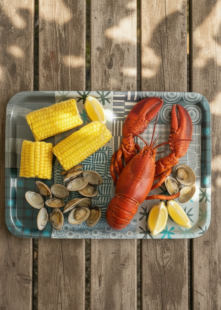 "Blue Patchwork" serving tray with seafood and corn on the cob.