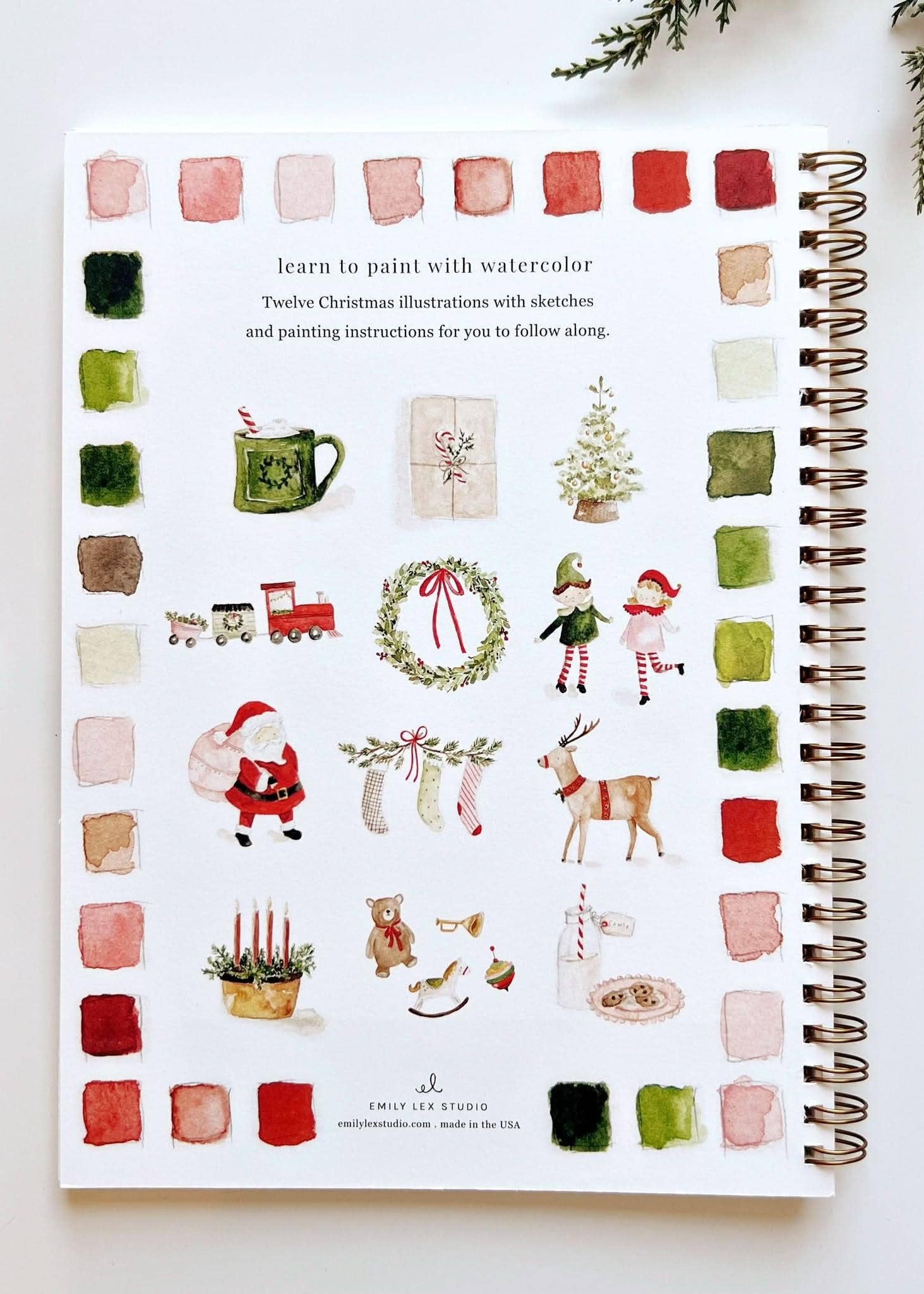 Back cover of the Christmas Watercolor Workbook with images of the watercolor designs included in the book. These designs include a warm mug of cocoa, a wrapped gift, a decorated tree, a train toy, a wreath, elves, santa, stockings, a reindeer, candles, toys, and cookies and milk.