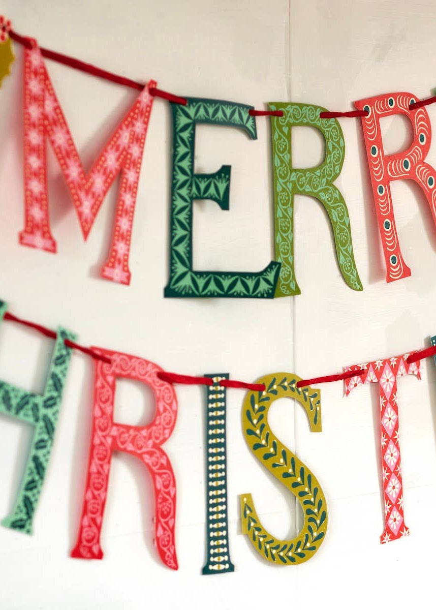 Close up of Merry Christmas banner to show design details.