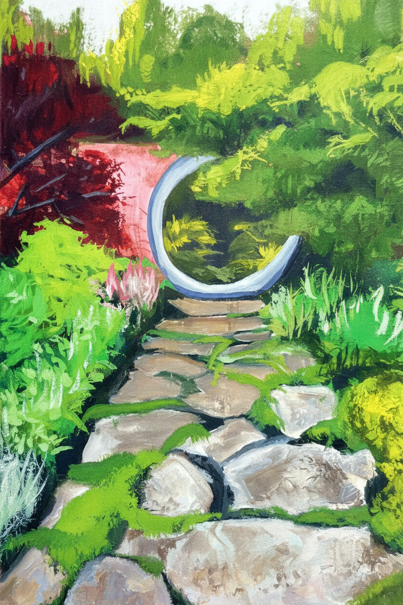 Close up of the Abby Aldrich Rockefeller Garden (A.A.R.G.) Moongate puzzle design featuring artwork by Gabriela Niejadlik, 1