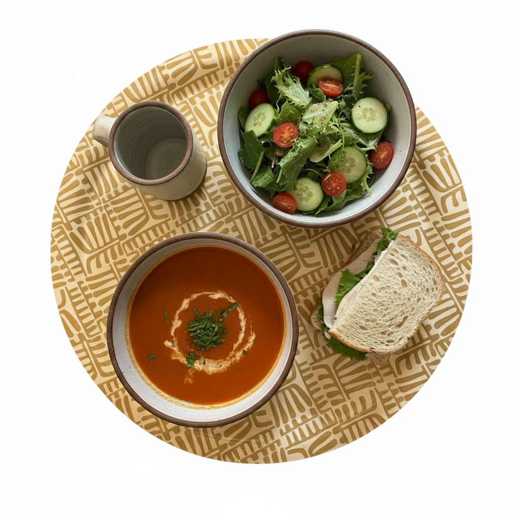 A photo of ‘Combs’ Birchwood Serving Tray by Jennifer Judd-McGee . This photo is staged with a mug, sandwich, and bowl of soup and salad on the tray.