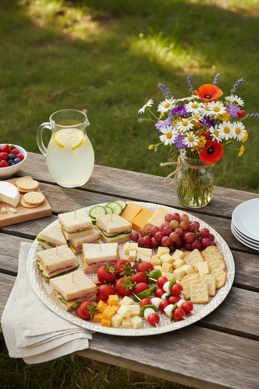 “Combs” Birchwood Serving Tray by Jennifer Judd-McGee staged with sandwiches, fruit, crackers and cheese on a picnic table.
