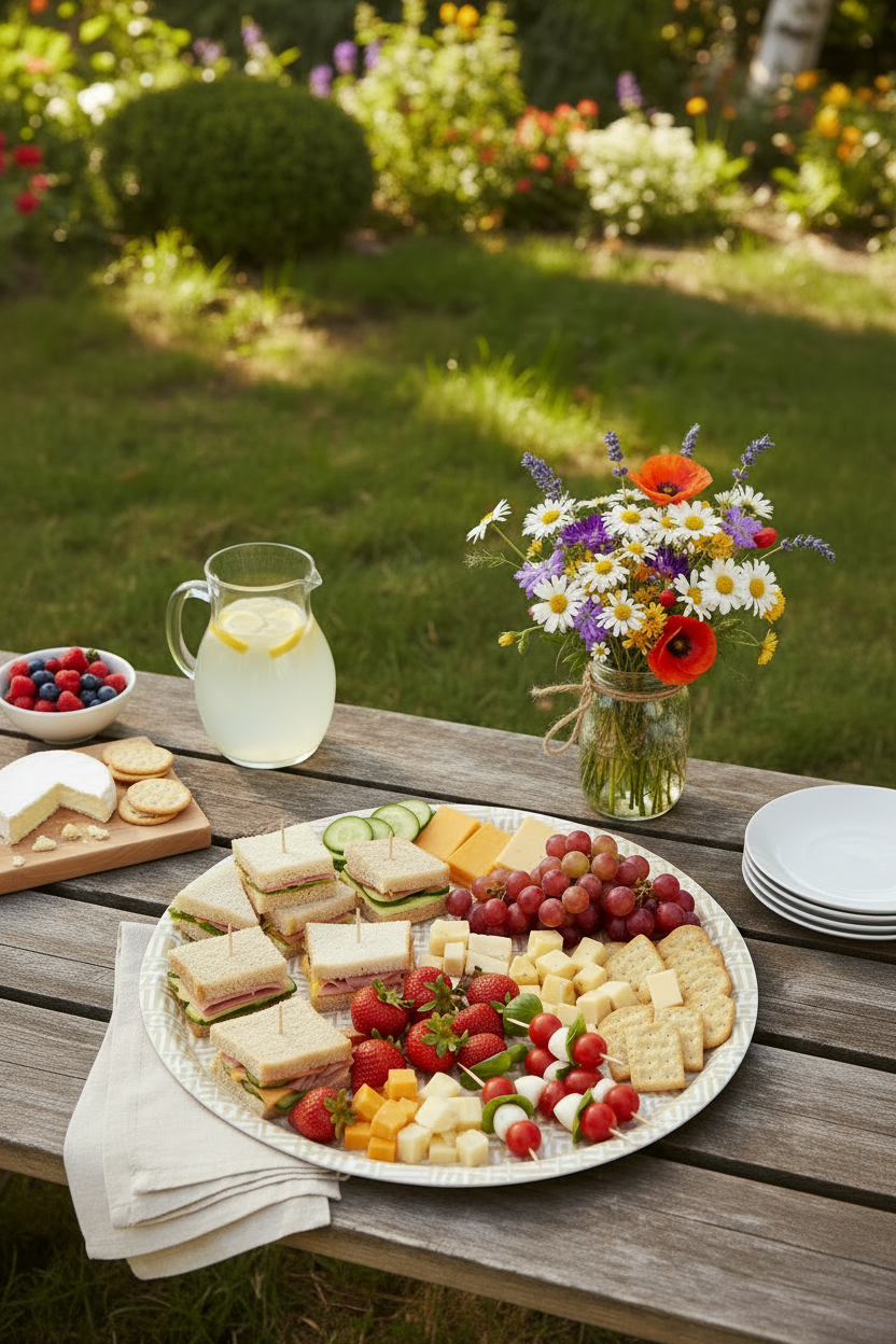The “Combs” serving tray with sandwiches, fruit, crackers, and cheese on a picnic table.