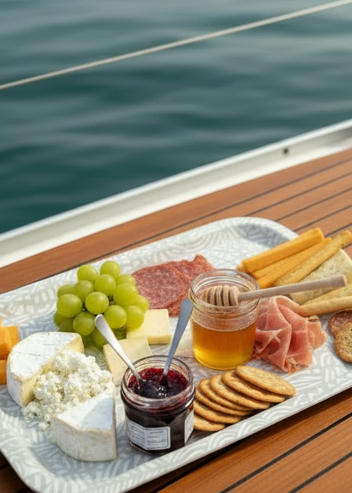 "Connections" serving tray with crackers, meats, cheeses, grapes, jam and honey.