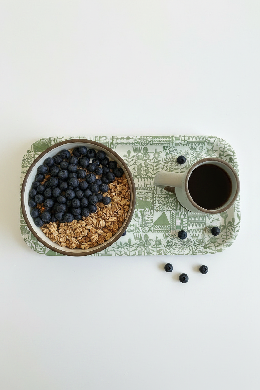 "Downtown on an Island" serving tray with a bowl of granola and blueberries and mug of coffee.