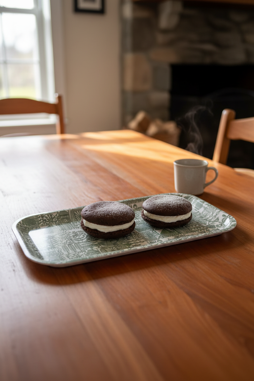 "Downtown on an Island" serving tray with whoopie pies and a mug of coffee.