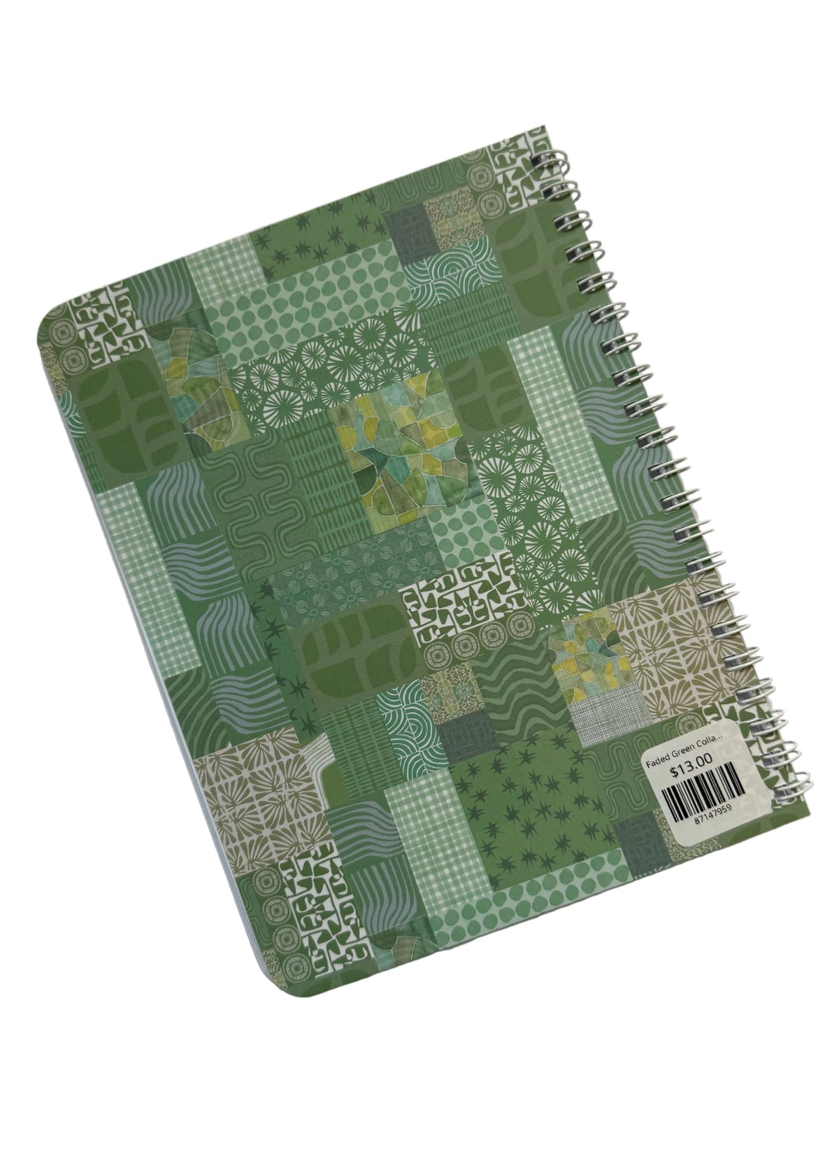 Image of back of the "Faded Green Collage" Notebook by Jennifer Judd-McGee.