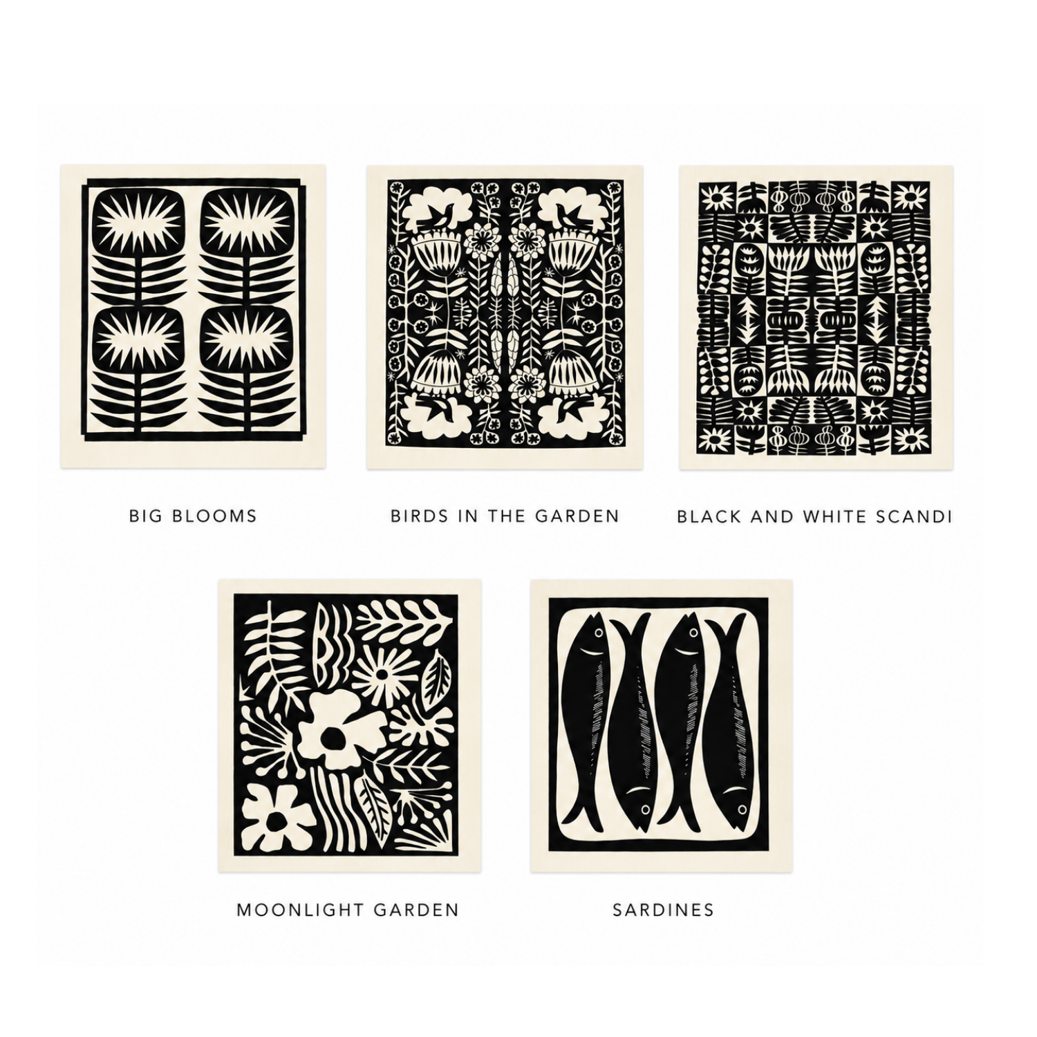Five coordinating Swedish dishcloths displaying original Scandinavian-inspired botanical, floral, bird, and fish illustrations in black and natural white tones by artist Jennifer Judd-McGee.