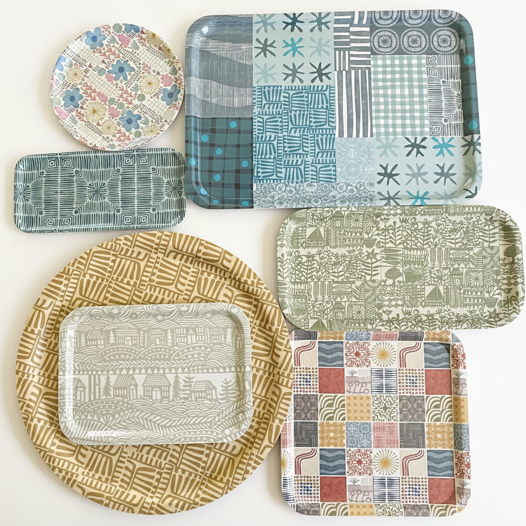 Photo of the full collection of mix and match trays with original artwork by Jennifer Judd-Mcgee.