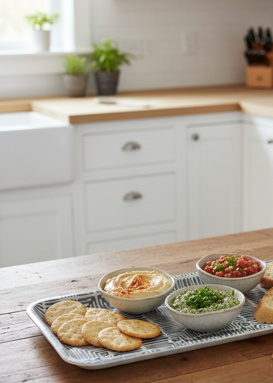 The "Garden Beds" serving tray on a kitchen counter with crackers and small bowls of dip.