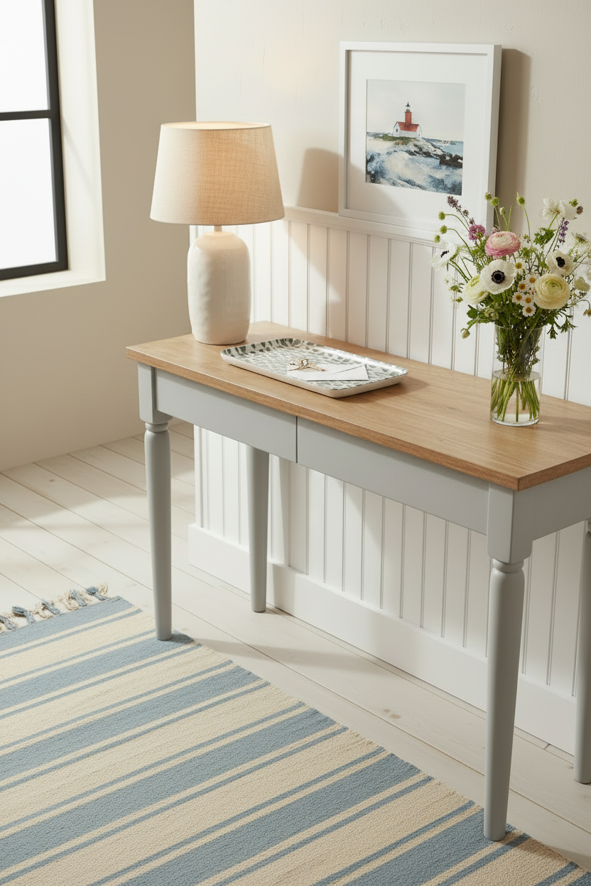 The "Garden Beds" serving tray displayed on an entryway table with keys and mail on it.