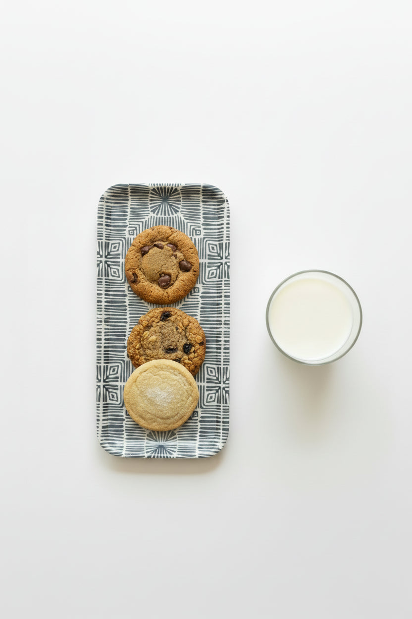 The "Garden Beds" serving tray with cookies and milk.