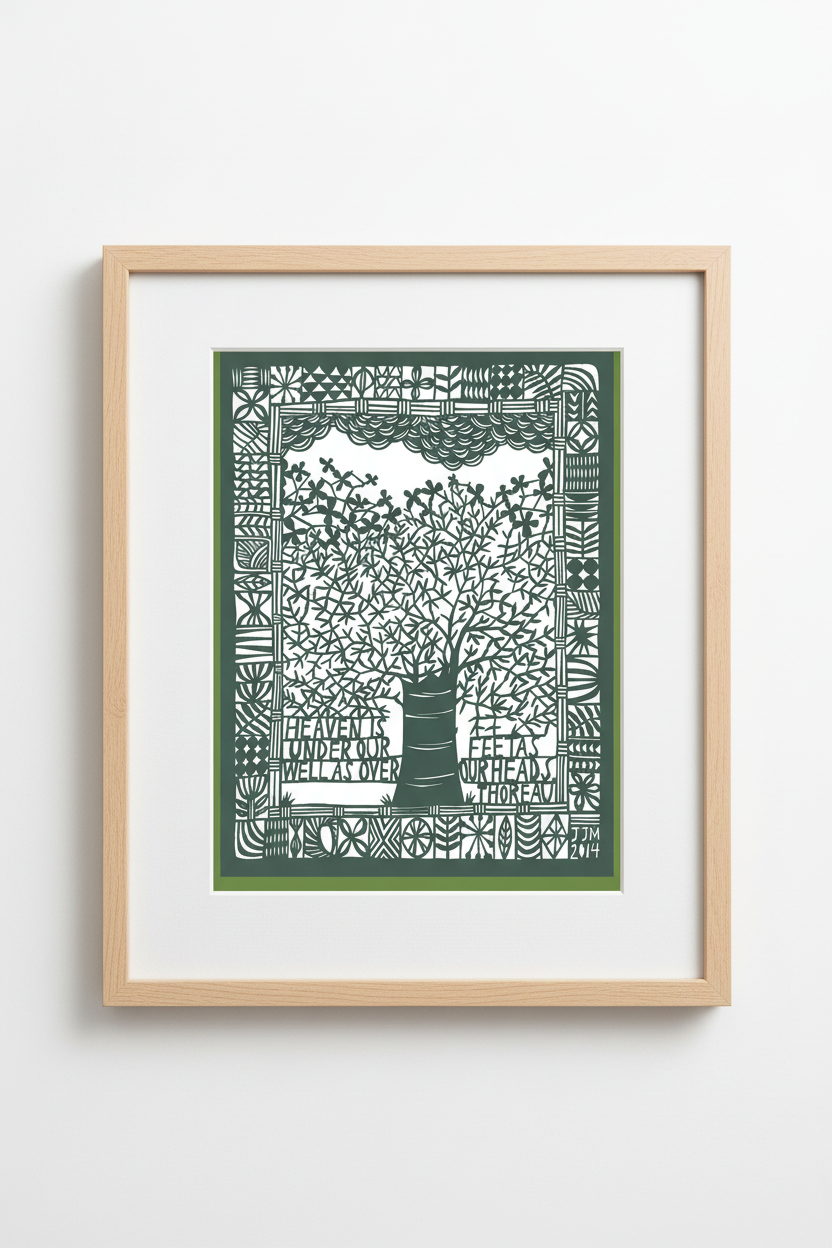 Framed artwork of a stylized tree with intricate patterns on a white wall