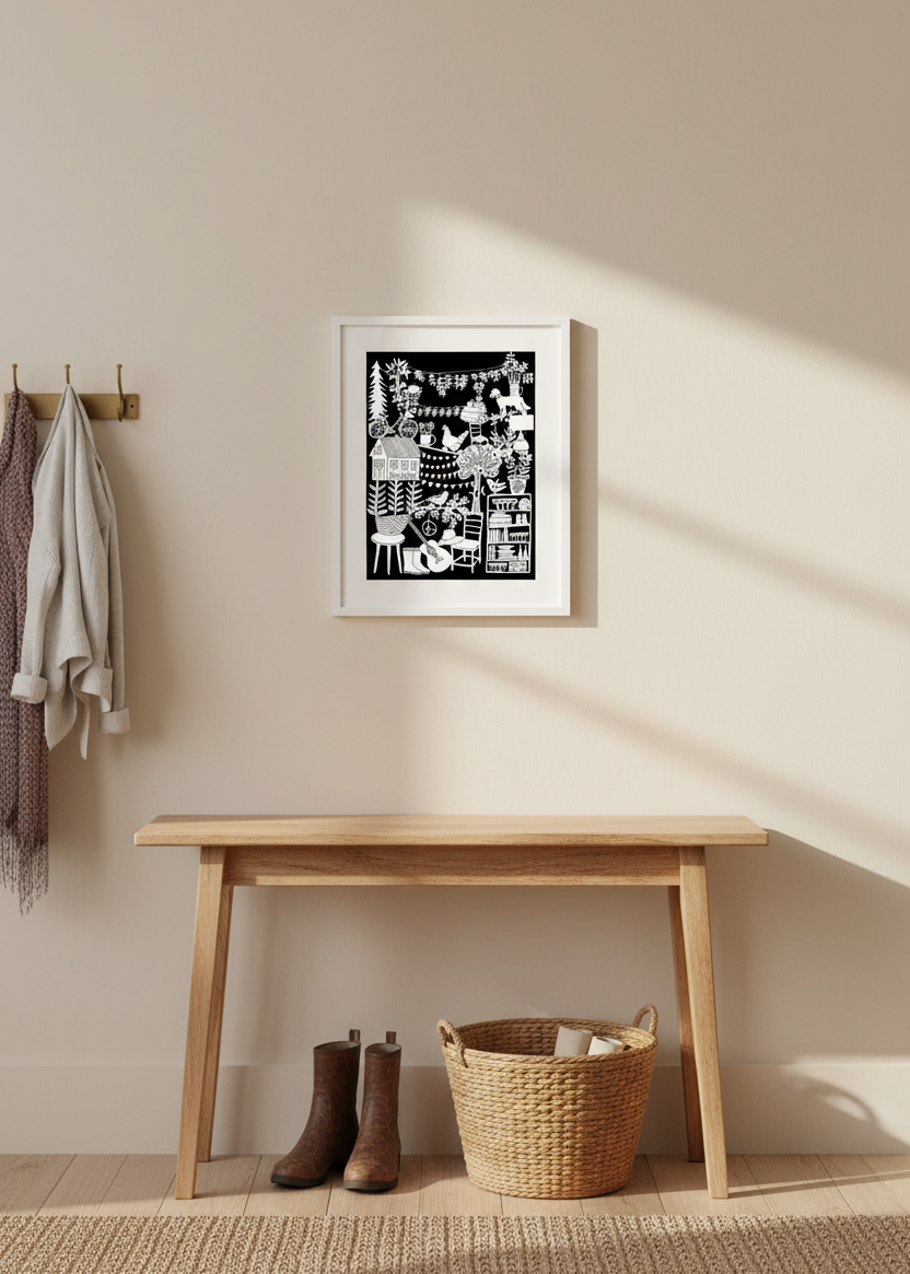 The "Home Sweet Home" archival print framed and hung in an entryway. 