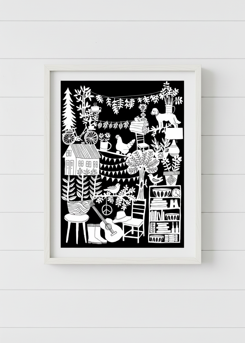 "Home Sweet Home" archival print in black hanging on a wall with a white frame.