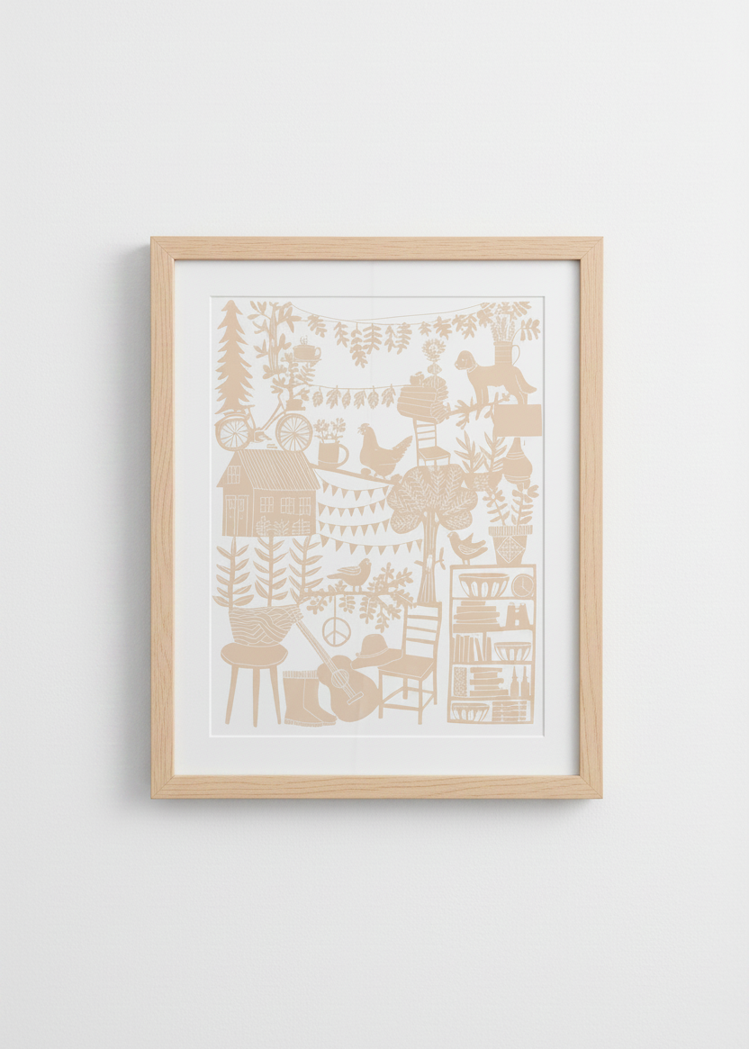 "Home Sweet home" archival print in rose quartz framed in a light wod frame.