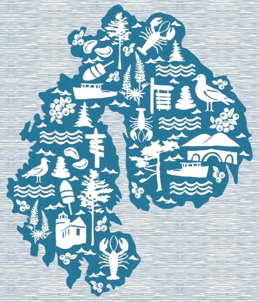 Map of Mount Desert Island with white icons on a blue background