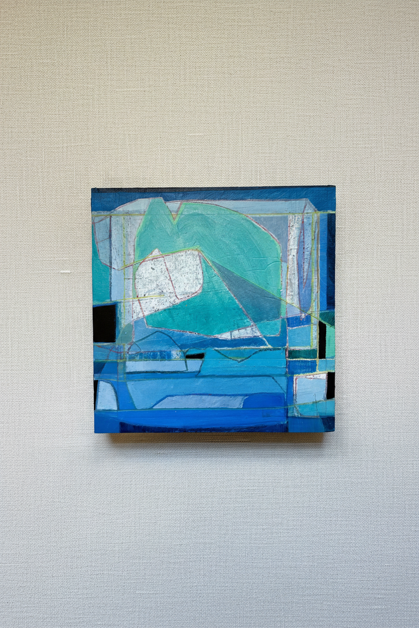 Abstract art piece with geometric shapes in blue tones on a textured beige background