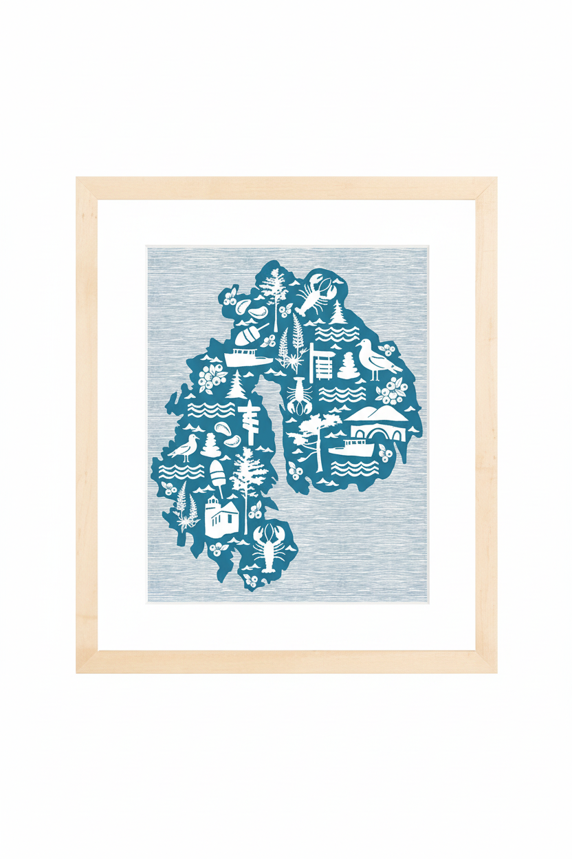 Framed artwork with a blue map design on a white background