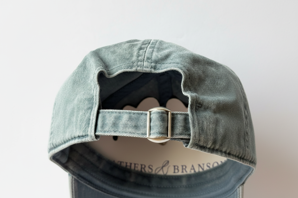Denim cap with a brand label on a light gray background