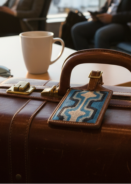 Luggage tag with blue and white pattern on a beige background