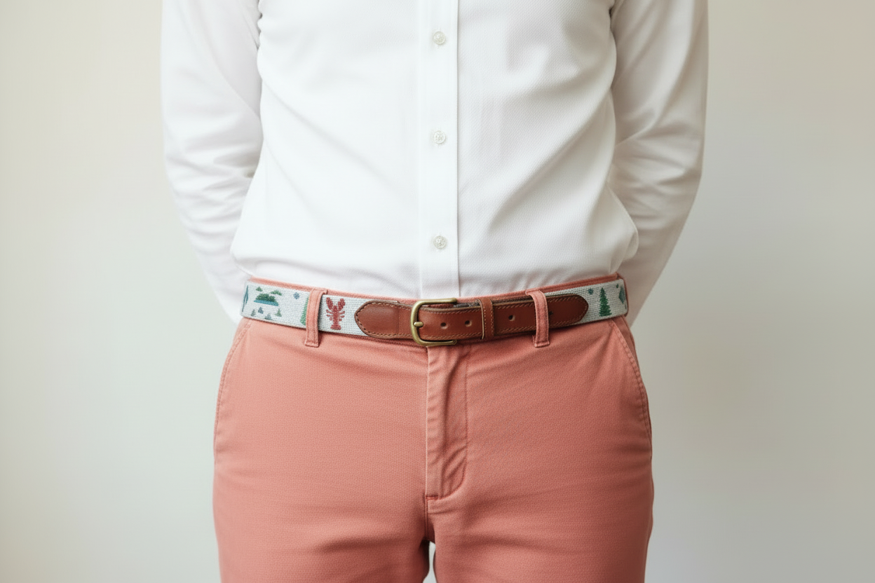 Person wearing a white shirt and pink pants with a patterned belt against a plain background