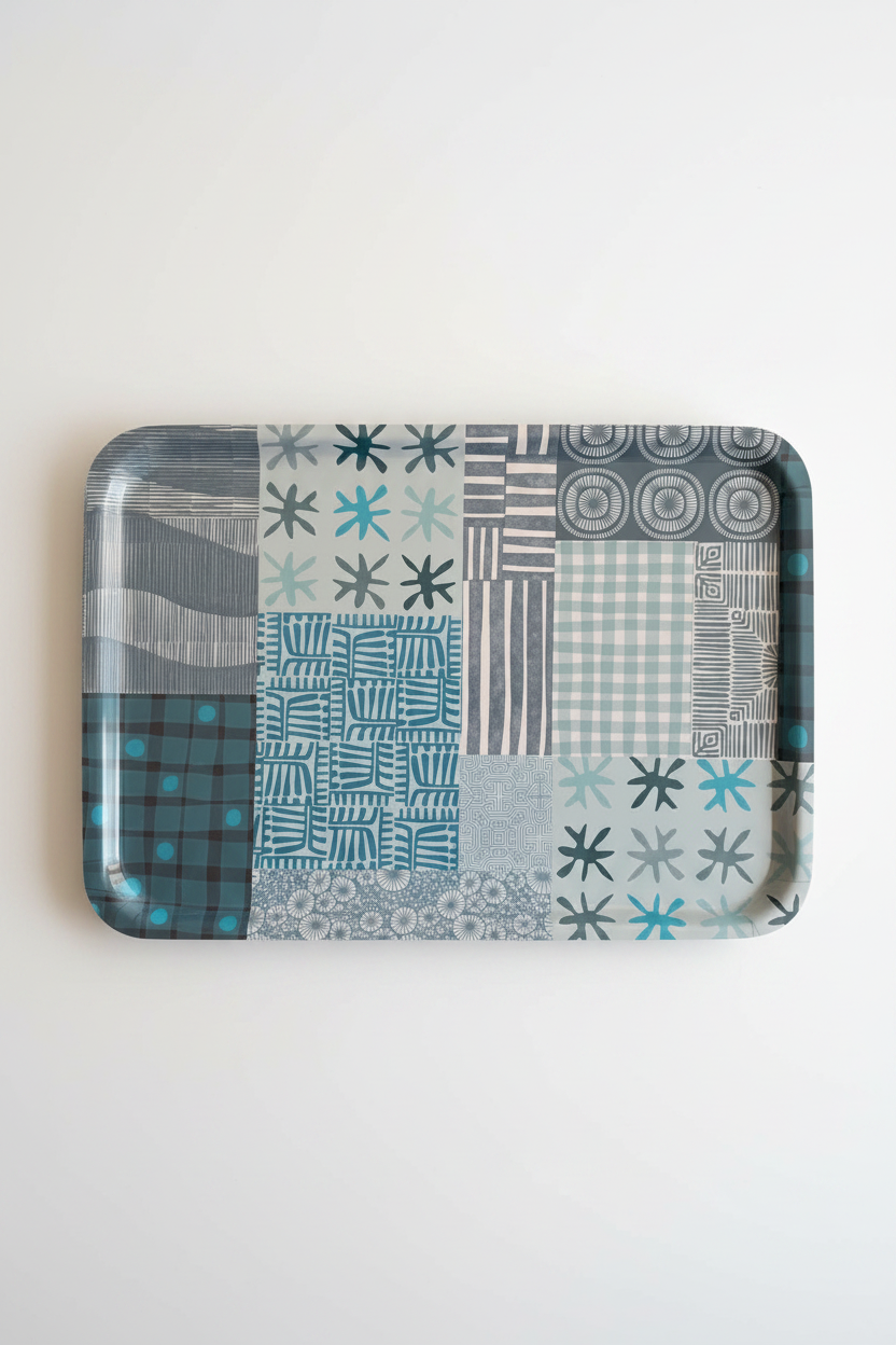 XL Blue Patchwork Wooden Tray by Jennifer Judd-McGee