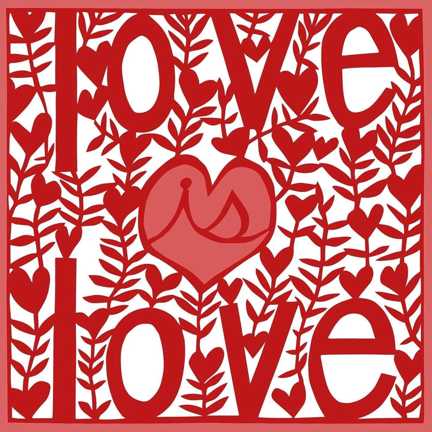 Red 'love' text and heart design on a white background