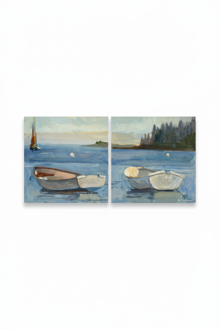 Two paintings of boats on water with a landscape background.