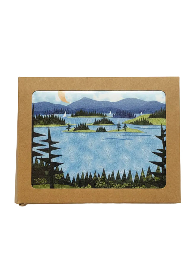 A kraft paper box of "Island View" Cards.