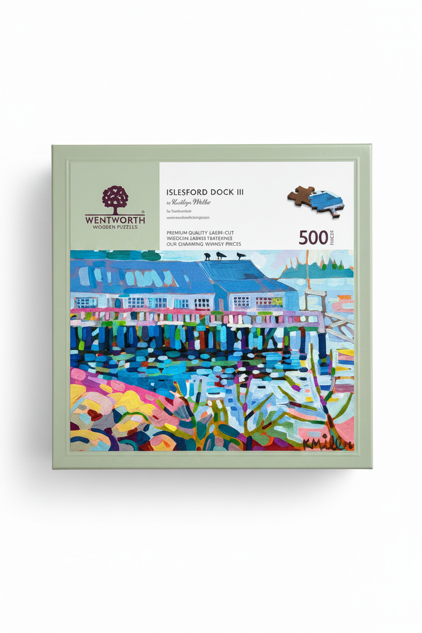 Photo of the "Islesford Dock III" Wooden Puzzle Box Featuring Art by Kaitlyn Miller.