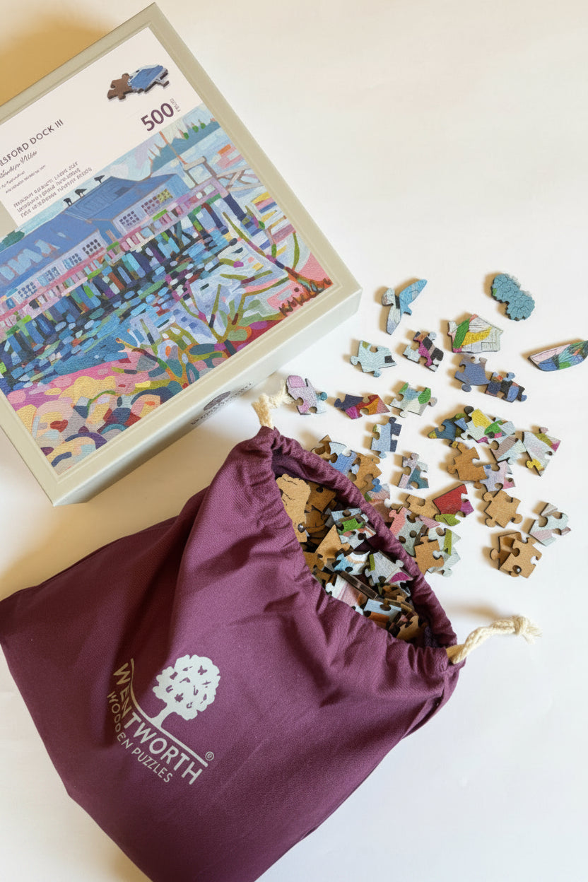 Photo of "Islesford Dock III" Wooden Puzzle box and pieces.