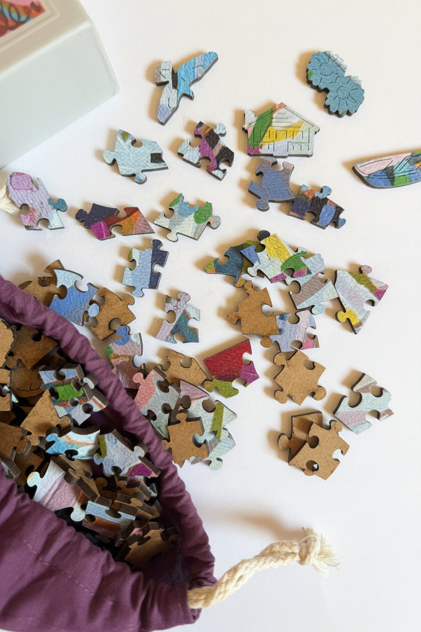 Photo of "Islesford Dock III" Wooden Puzzle pieces featuring unique whimsy pieces, with cutouts in shapes such a as a bird, house, and boat.
