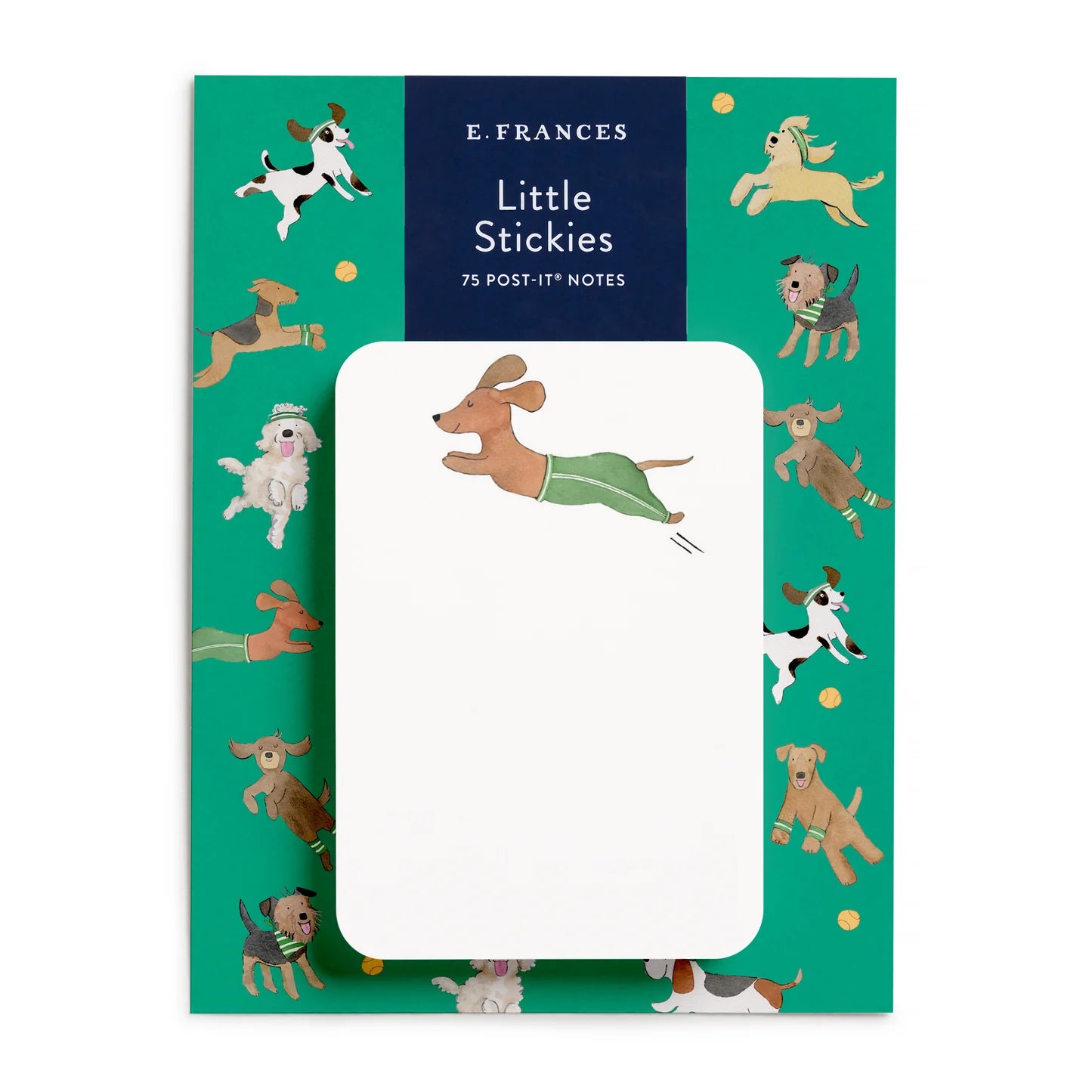 sticky notes with dog illustrations on a green background, featuring the brand 'E. Frances'.