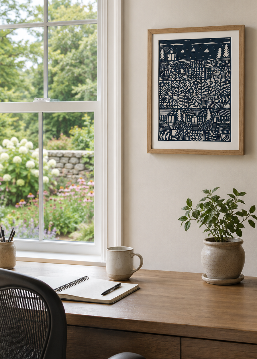 A framed "Late Summer" print hung above a desk in an office.