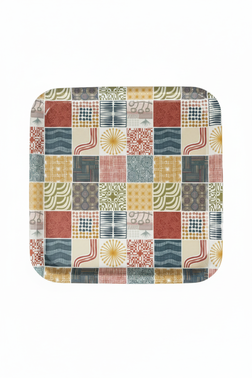 "Little Boxes" serving tray with white background.