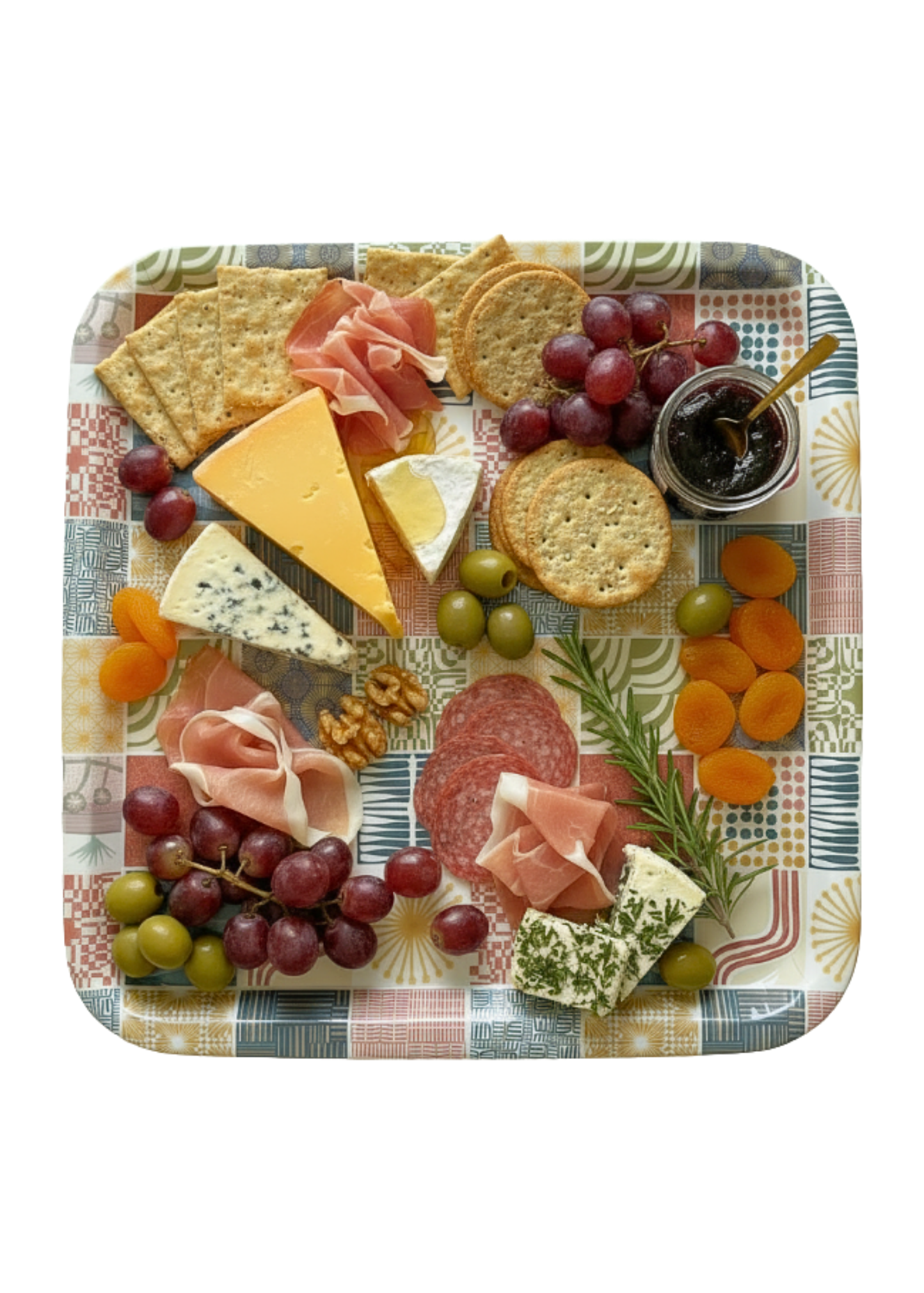 "Little Boxes" serving tray with charcuterie on it and a white background.